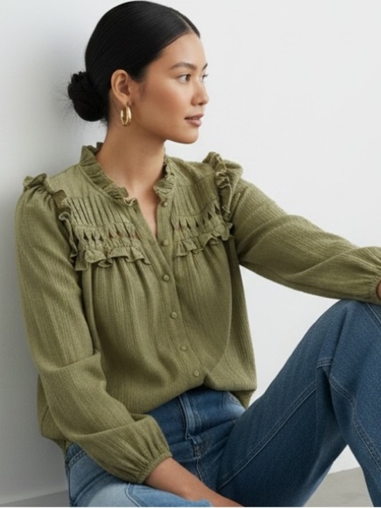 Tops - 1522 • Olive Cotton Gauze Open Work Yoke Ruffle Trim Lined Blouse